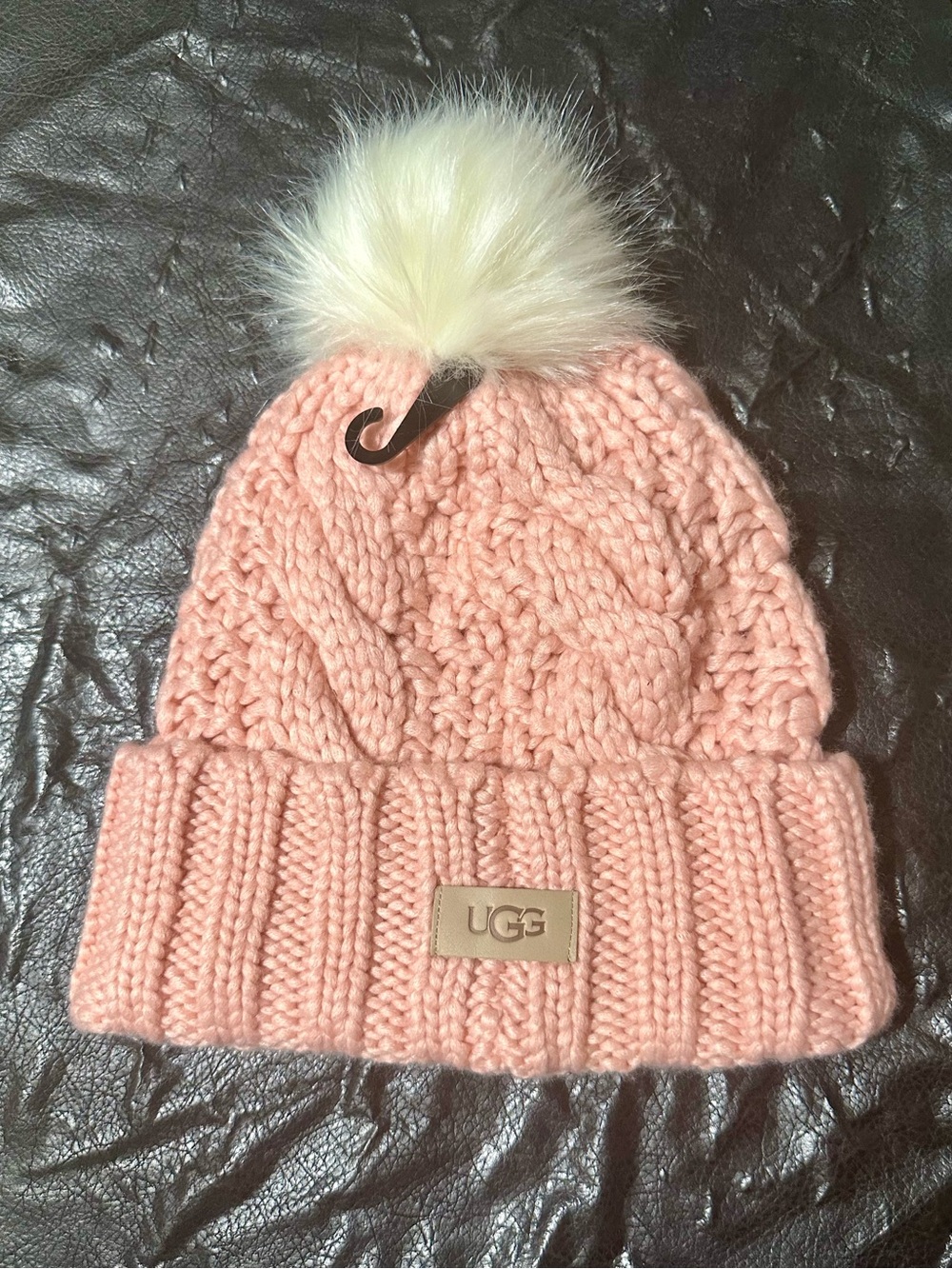 UGG Pink Cable-Knit Pom Beanie with Faux-Fur Puff
